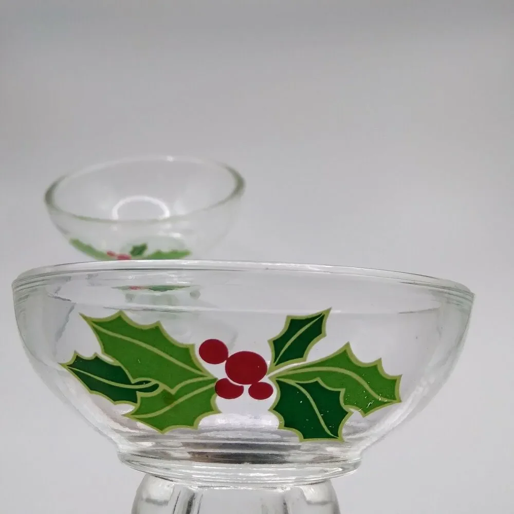 Vintage Holly Candlestick Holders Glass Leaves Berries Holiday Christmas 1981